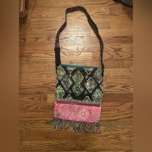 Mudd Women’s Boho Hippie Pink Black Blue Fringed Crossbody Bag W/ Bead Detailing